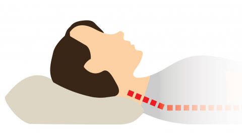 Diagram illustrating back sleeping position on pillow that is too thick, bending the spine upwards.