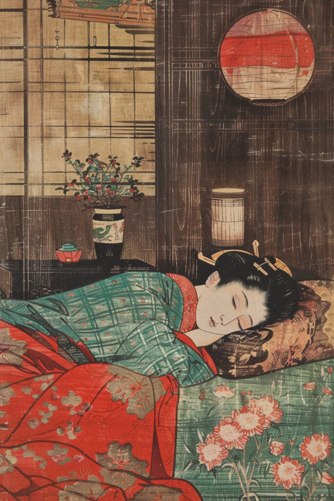a Japanese woman sleeps on a floor mattress