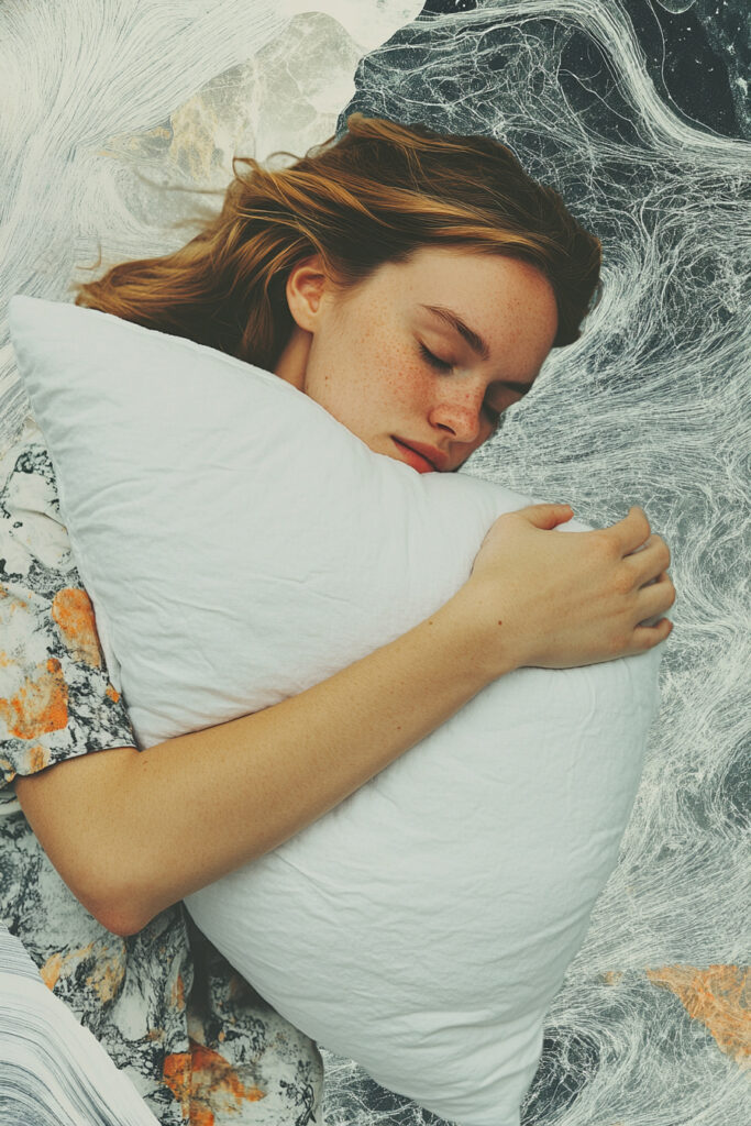 a woman hugs a weighted pillow