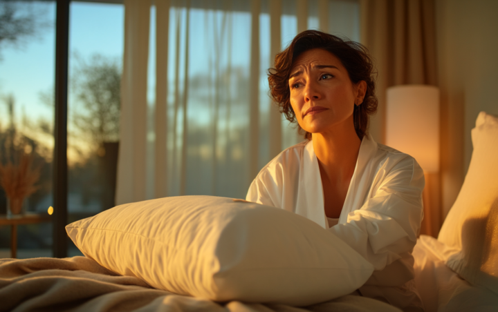 A confused woman wonders how to position her pillow properly for sleeping